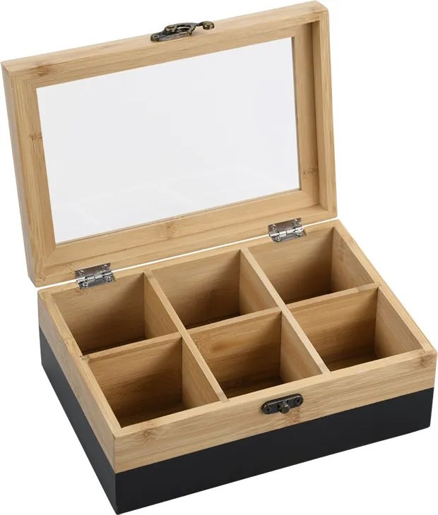 Cutie pentru depozitarea pliculetelor de ceai Kesper 58940, 6 compartimente, 21,6 x 15 x 8,5 cm, Bambus, Maro/Negru