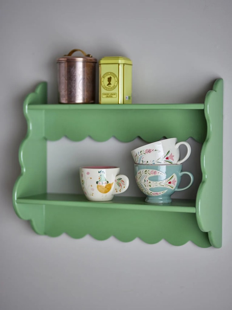 Raft vintage din lemn masiv verde, cu bordură decorativă, „Salla", 49,5 x 15 x 40,5 cm