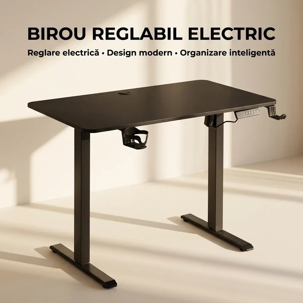 RESIGILAT- ELEVON WX-009 – Birou Reglabil Electric, Înălțime Reglabilă 72–118 cm, Blat Monobloc PAL de Înaltă Densitate 15 mm, Cadru Metalic din Oțel 65×45 mm, Panou Electronic, 100 × 60 cm, Negru