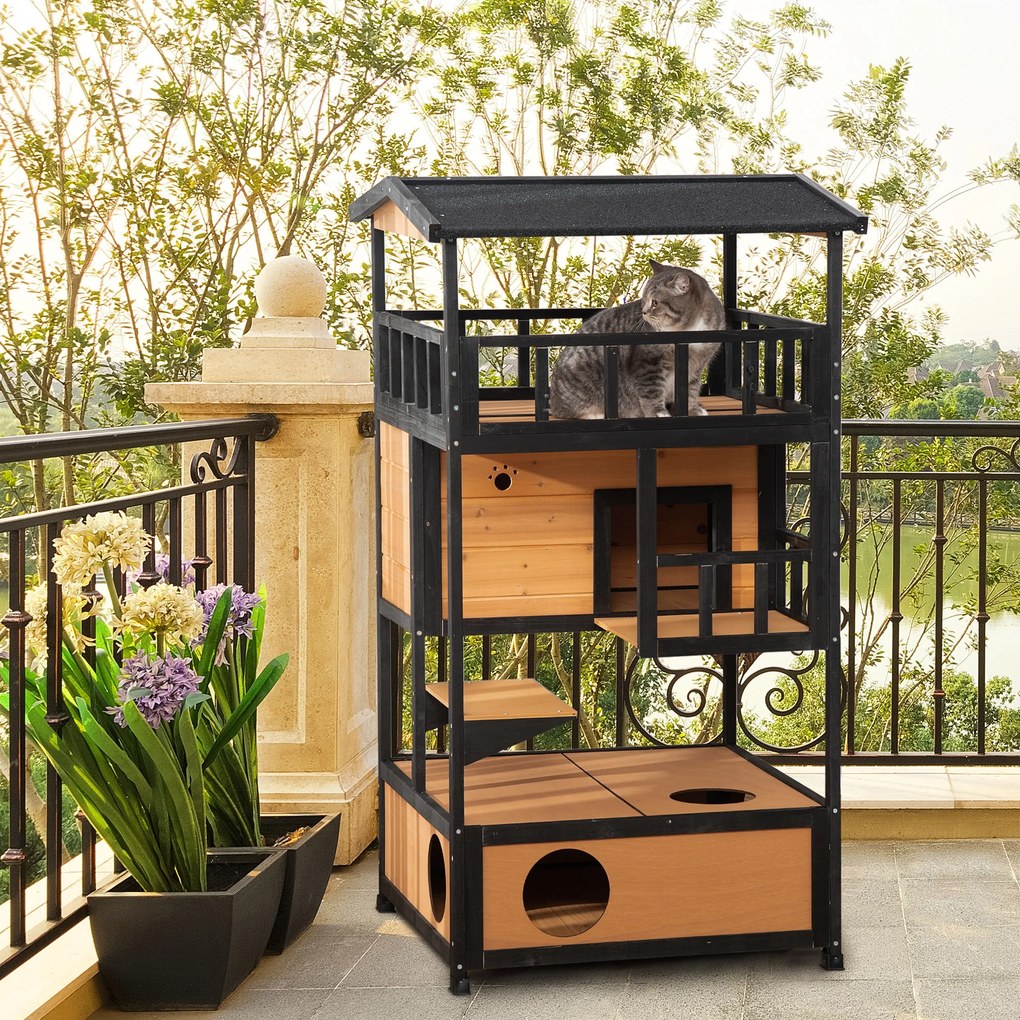 PawHut Casa de pisici, casă de pisici pentru exterior, rezistentă la vreme, 75,5 cm x 75 cm x 137 cm, Galben | Aosom Romania
