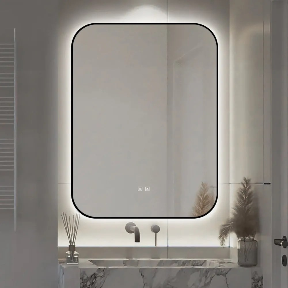 🪞 Oglindă LED cu Touch și Funcție Dezaburire – Ramă Negru, 60x80 cm, Model J187-6080 Smack