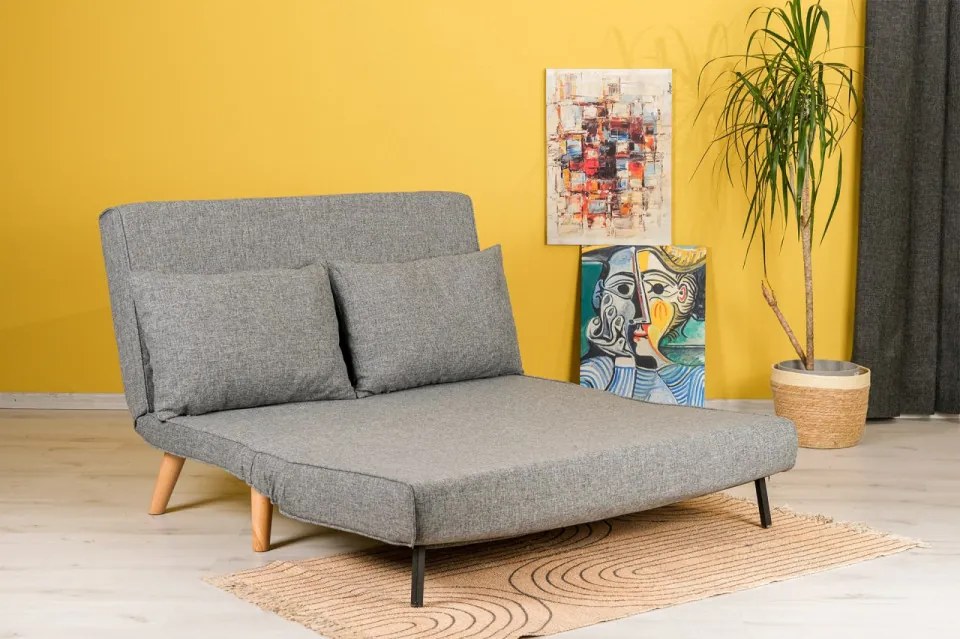 Canapea Extensibila 2 Locuri, Cadru Metalic, Folde, Gri Deschis
