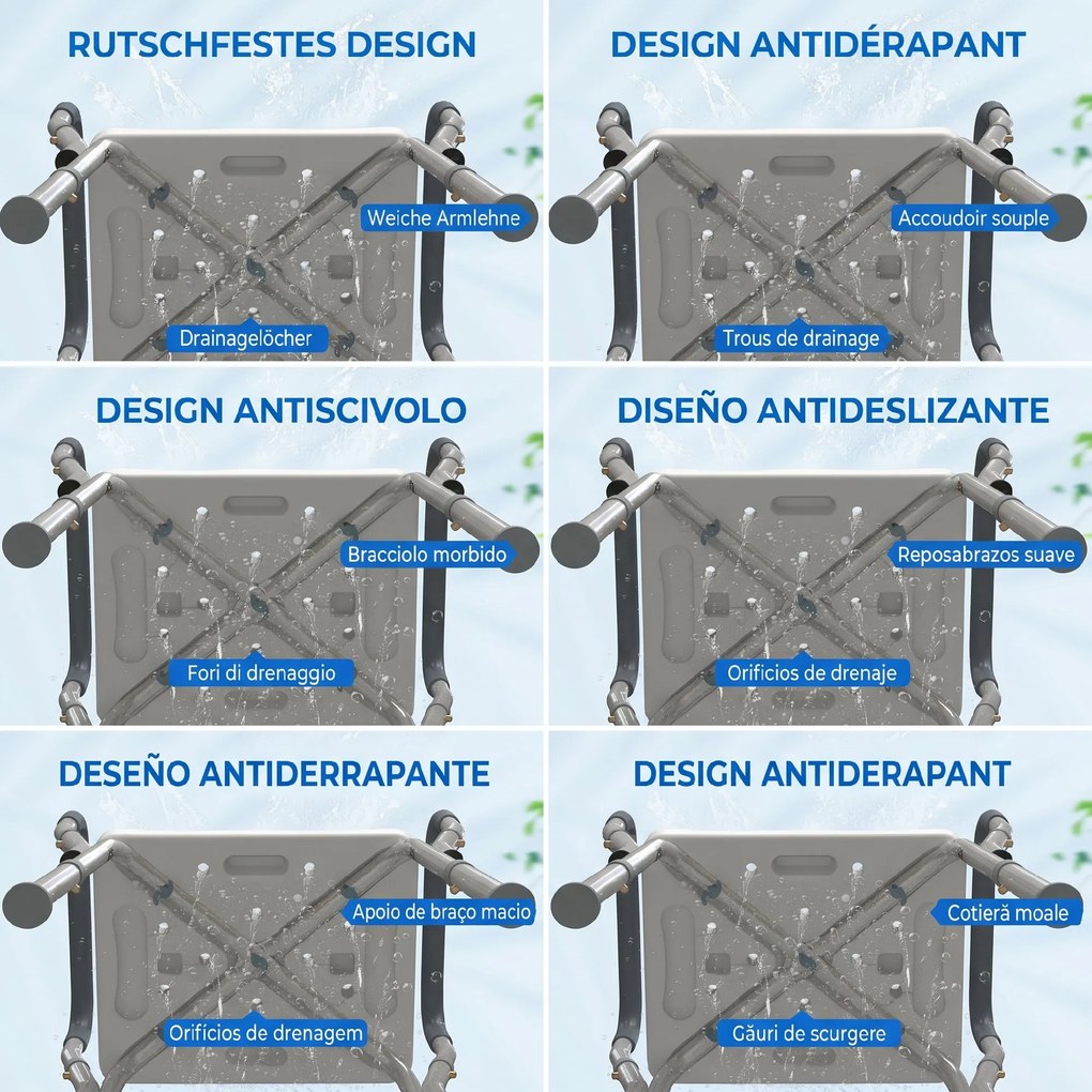 HOMCOM Scaun Reglabil de Duș cu Mânere, Multicolor | Aosom Romania