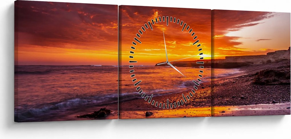 Tablou cu apus de soare la mare (cu ceas) (90x30 cm)