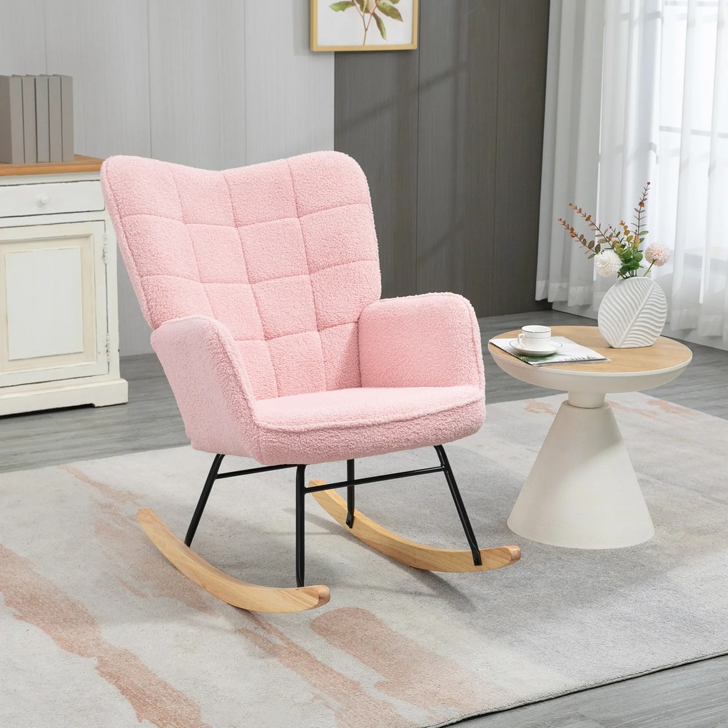 HOMCOM Scaun de leagăn rocking chair tapiterie din blană răsucită structură din oțel 71 x 98 x 101 cm roz | Aosom Romania