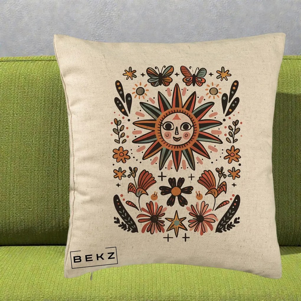 Perna Decorativa Soare Boho Folk Fluturi, 40x40 cm, Bej, Husa Detasabila, Perna Inclusa, BEKZ®