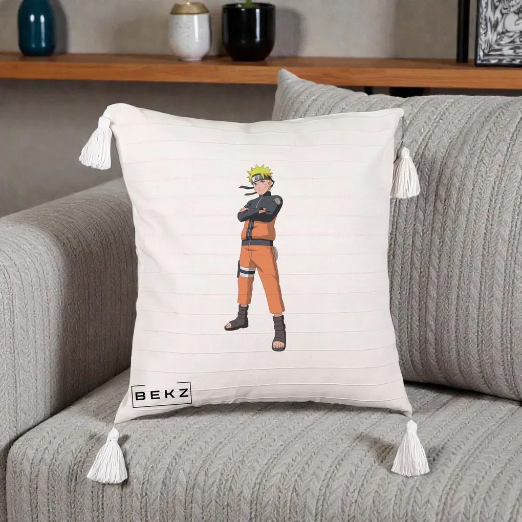 Perna Personalizata Naruto Uzumaki Portret Complet, 40x40 cm, Bej cu Franjuri, Husa Detasabila, Perna Inclusa, BEKZ®