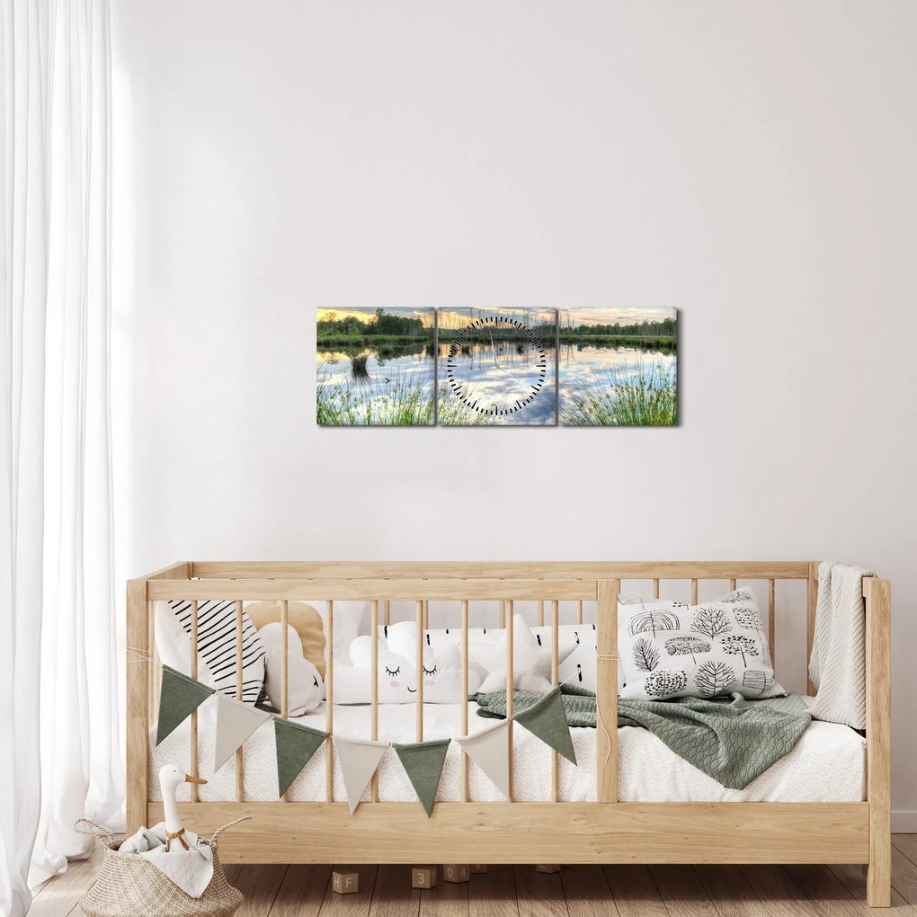 Tablou cu lac și trestie (cu ceas) (90x30 cm)