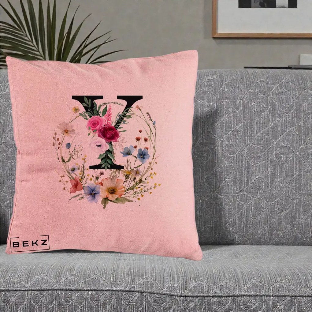 Cadou Personalizat - Perna Personalizata Monograma Florala Litera Y cu Coroana, 40x40 cm, Roz, Husa Detasabila, Perna Inclusa, BEKZ®