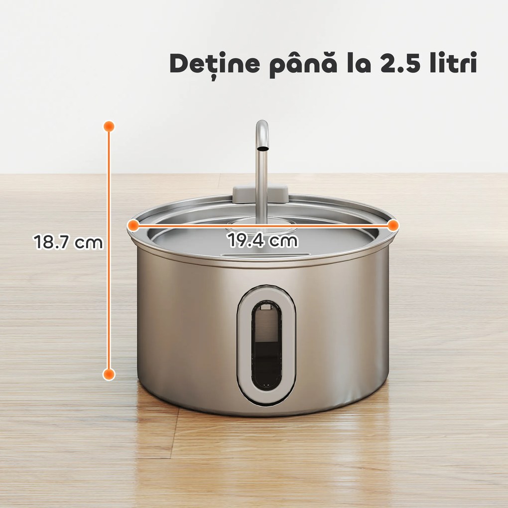 PawHut Fântână din Inox 2,5L pentru Pisici cu LED și 2 Moduri de Flux, Argintiu | Aosom Romania