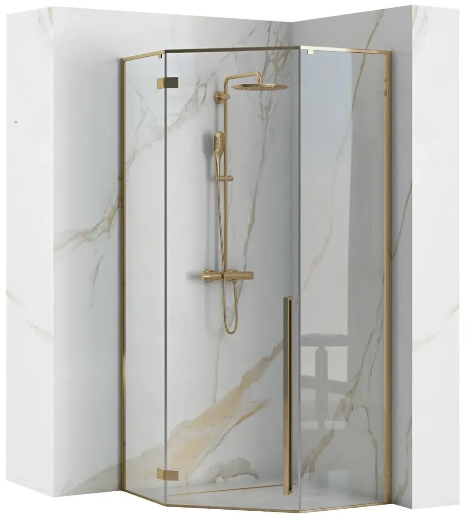 Cabina dus cu cadita de dus pentagonala cu usa batanta Rea Diamond 90x90 auriu - alb