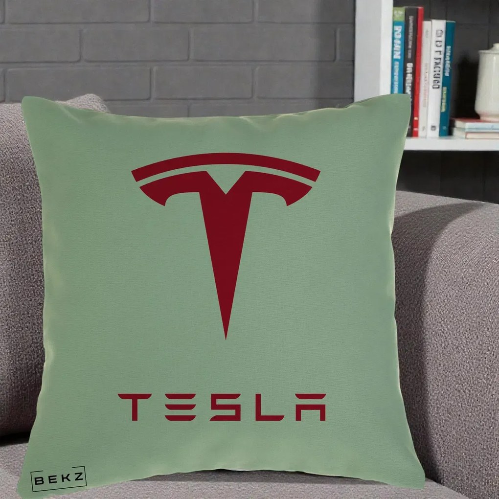 Perna Personalizata cu emblema Tesla, 40x40 cm, Verde, Husa Detasabila, Perna Inclusa, BEKZ®