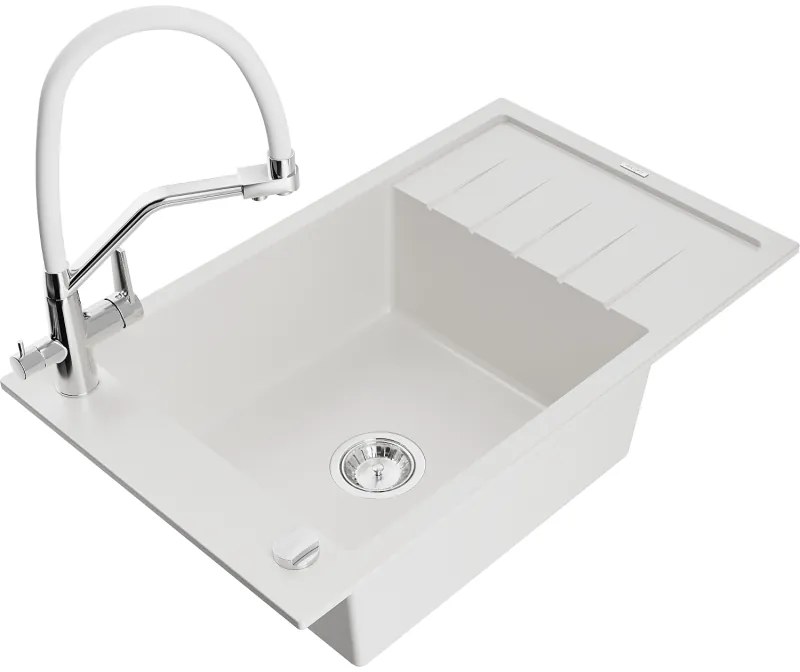 Mexen Elias chiuvetă de granit cu un compartiment, cu picurător și baterie de bucătărie Duo, Albă - 6511-20-671701-02
