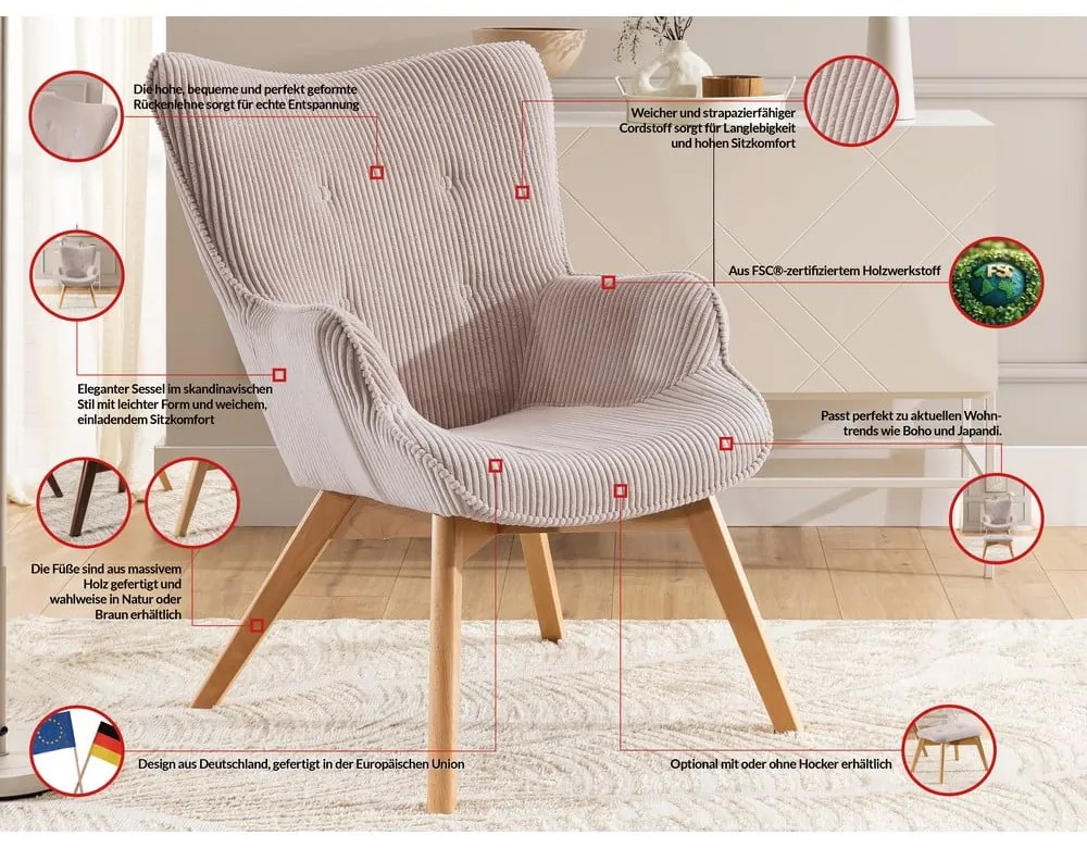 Fotoliu cu taburet roz deschis cu tapițerie din catifea reiată Niko – Ropez