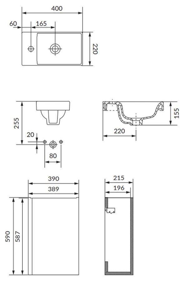 Set dulap baie suspendat o usa cu lavoar Cersanit Moduo inclus, 40 cm, antracit mat, B812