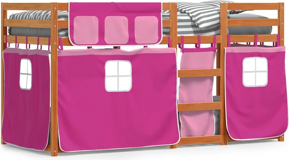 vidaXL Pat supraetajat cu perdele, roz, 90x200 cm, lemn masiv pin