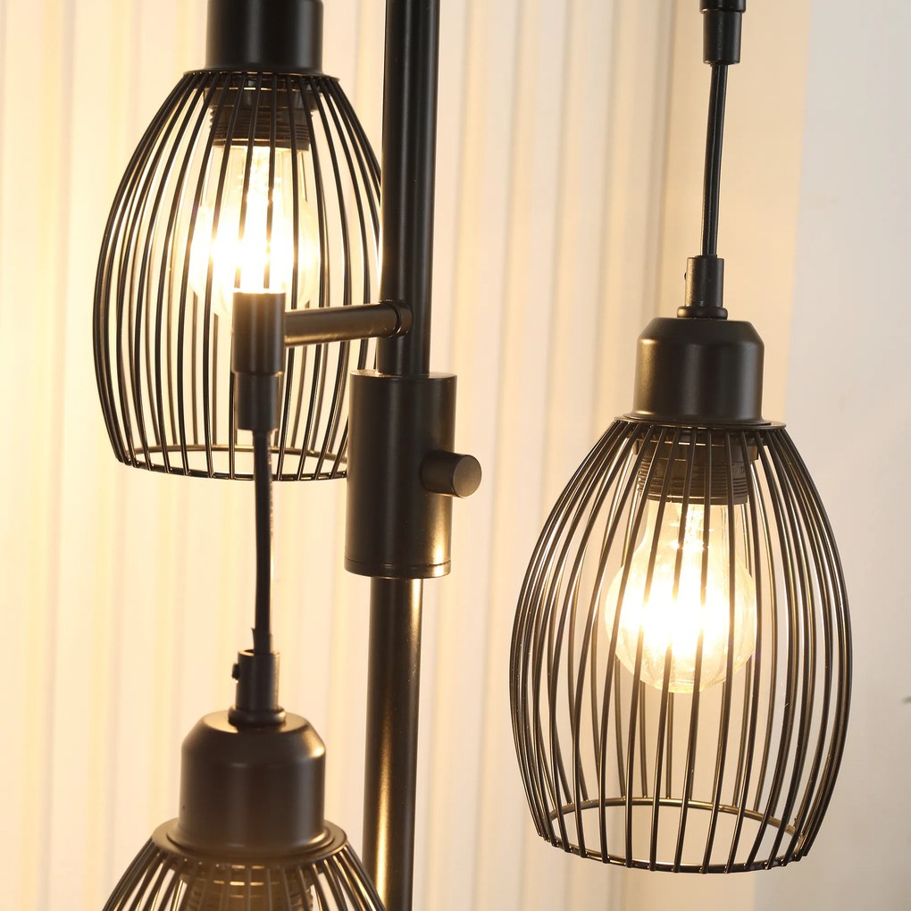HOMCOM Lampadar stil industrial 40 W max. 3 abajururi din metal cu sârmă cu luminozitate reglabila, suport E27, negru | Aosom Romania
