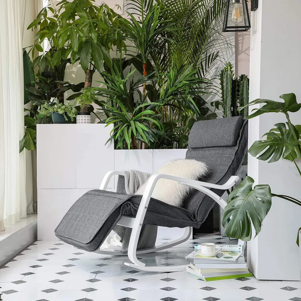 Fotoliu balansoar, lemn de mesteacan / textil, antracit / alb, Songmics