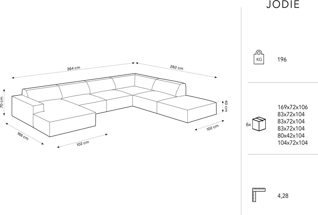 Coltar panoramic dreapta 7 locuri, Jodie, Micadoni Home, BL, 364x262x70 cm, catifea, gri
