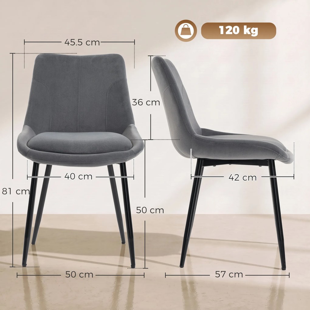 HOMCOM Set 2 Scaune de Dining din Catifea pentru Bucătărie, Gri Închis | Aosom Romania