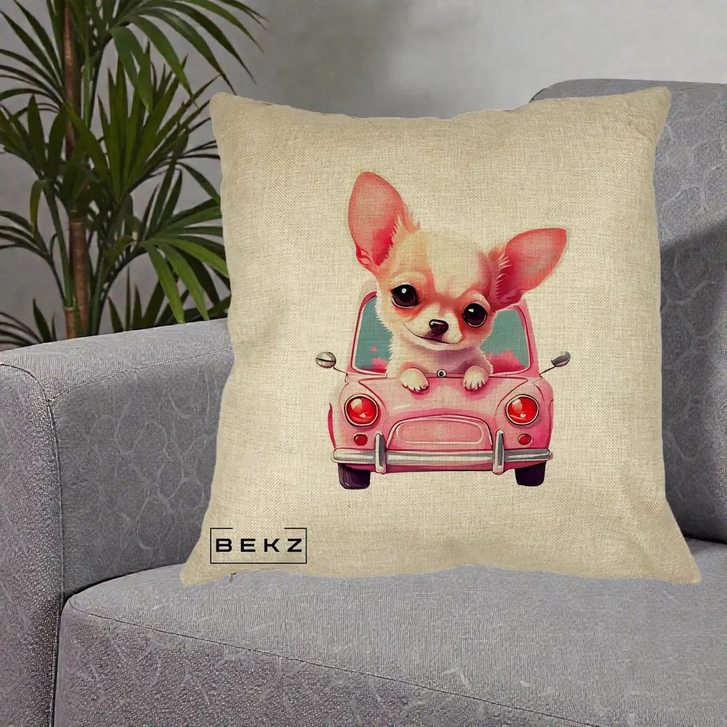 Perna Decorativa Chihuahua Roz in Masinuta, 40x40 cm, Crem, Husa Detasabila, Perna Inclusa, BEKZ®
