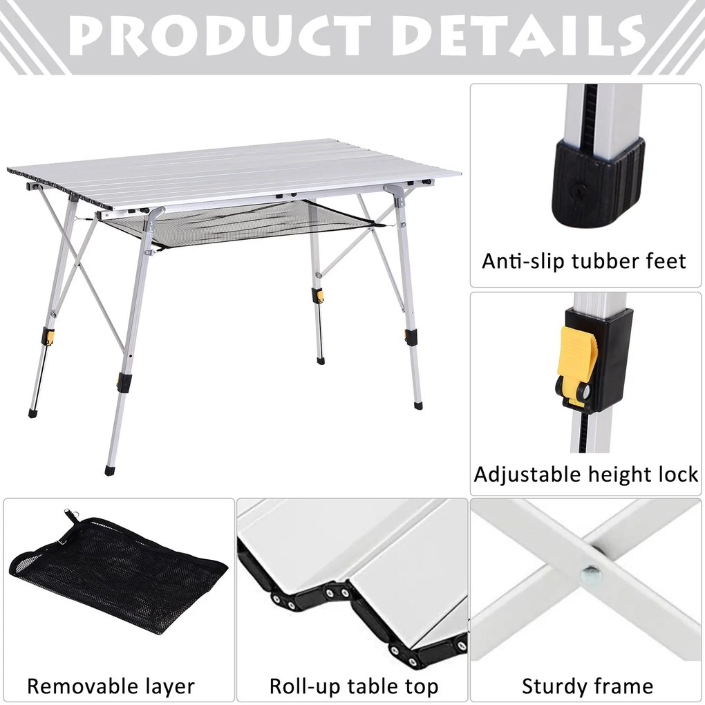 Outsunny Masă de Picnic Portabilă, Pliabilă, Ușoară, din Aluminiu cu Husă de Transport, 120x70 cm | Aosom Romania