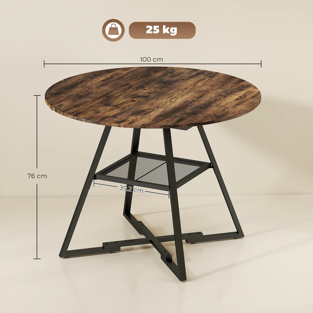 HOMCOM Masă de dining 4 locuri, 100 cm rotundă, bucătărie industrială, poliță de depozitare, maro rustic. | Aosom Romania