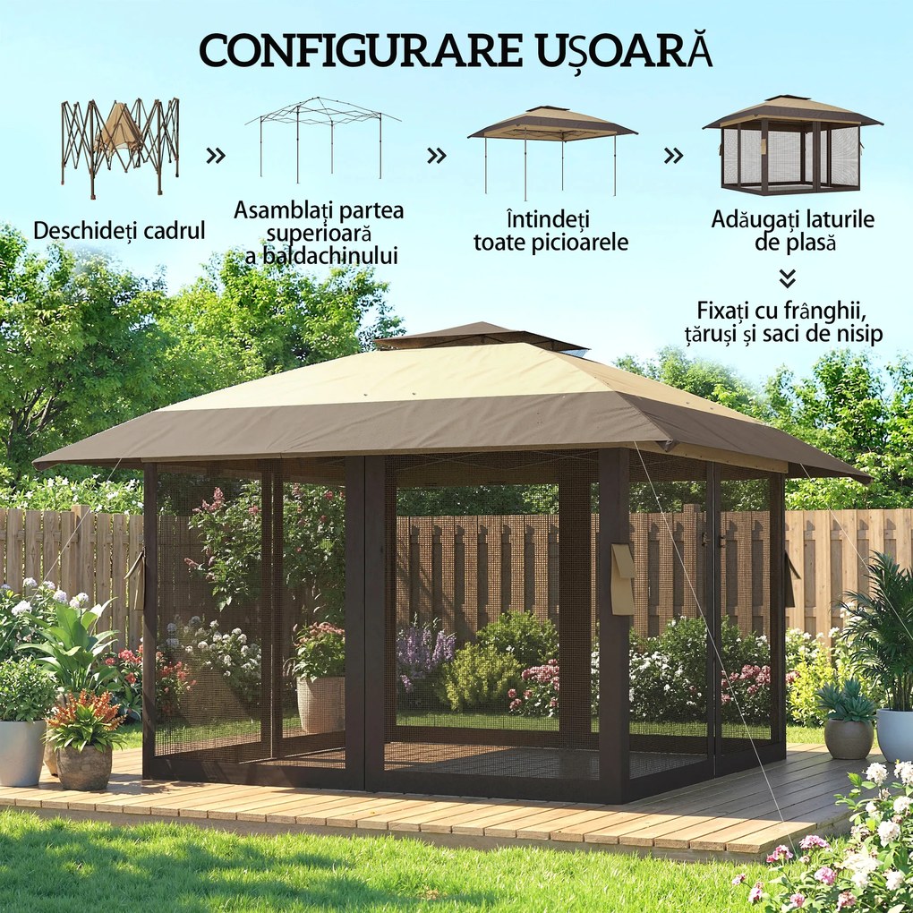 Outsunny Pavilion Pliabil Pavilion de Grădină Pop Up cu Plase de Țânțari, 4x4 m, Kaki | Aosom Romania