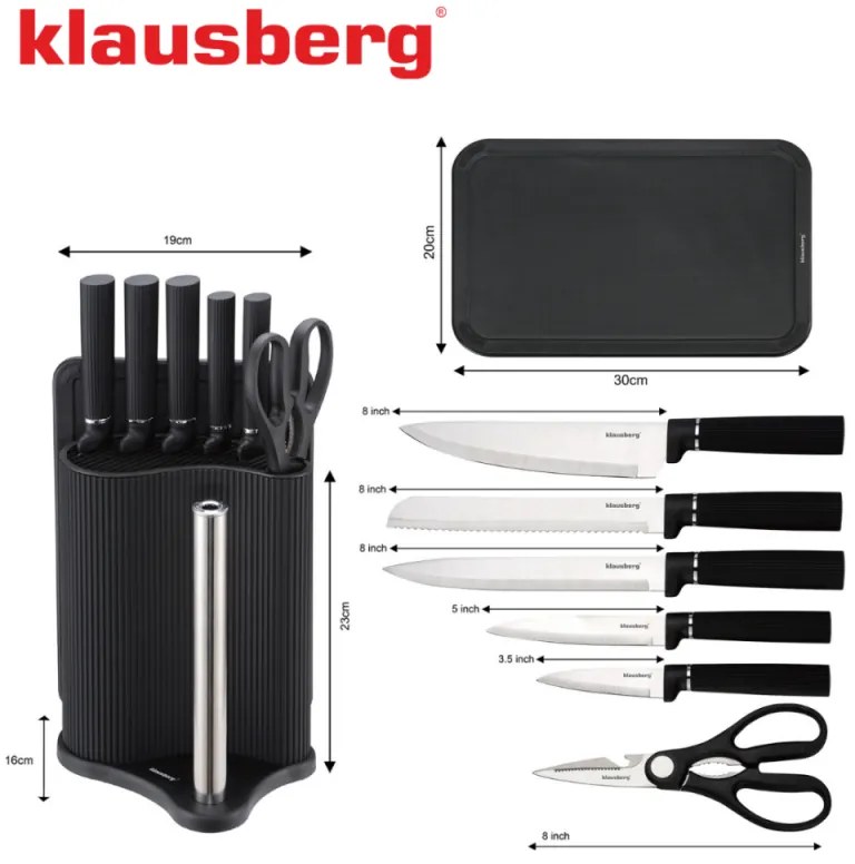 Set cuțite Klausberg KB 7977, 8 piese, Oțel inoxidabil, Suport, Suport hârtie de bucătărie, Negru