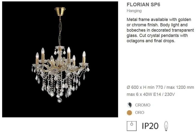 Candelabru 6 brate cristal Venezian FLORIAN SP6 ORO 035635
