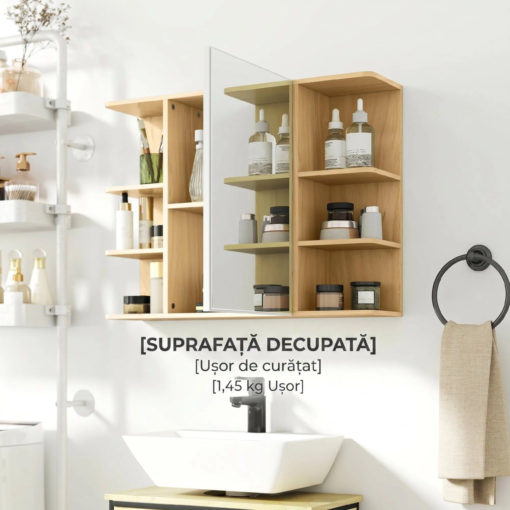 HOMCOM Dulap cu Oglindă pentru Baie cu Dulăpior și 6 Compartimente Deschise 80x20x59cm Lemn | Aosom Romania