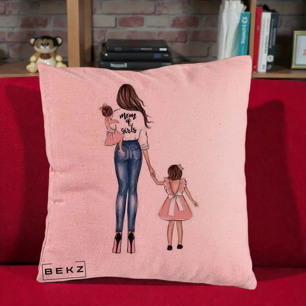 Cadou pentru Mama - Perna Personalizata Mom of Girls Mama cu Fetele, 40x40 cm, Roz, Husa Detasabila, Perna Inclusa, BEKZ®