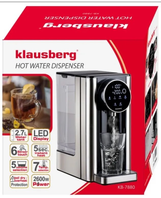 Dozator de apa calda Klausberg KB 7880, 2600W, 2.7l, 40-100°C, 7 temperaturi, Afisaj LED tactil, Protectie copii, Setari de memorie, Inox/Negru