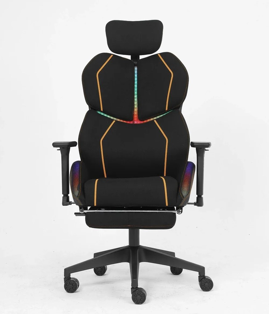LUMINA X-Motion Pro –Scaun Gaming & Office Premium cu LED RGB, Masaj Lombar, Translație Șezut și Suport pentru Picioare – Confort Inteligent și Design Spectaculos, Textil, Negru/Galben