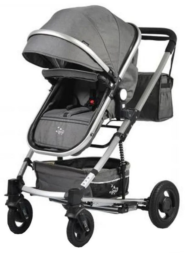 Carucior nou nascuti 2 in 1 NOVOKIDS™ GIGI PRO , Cu geanta bebe inclusa, Roti din cauciuc plin AVE, Cadru aluminiu Silver, Maner reversibil, Spatar