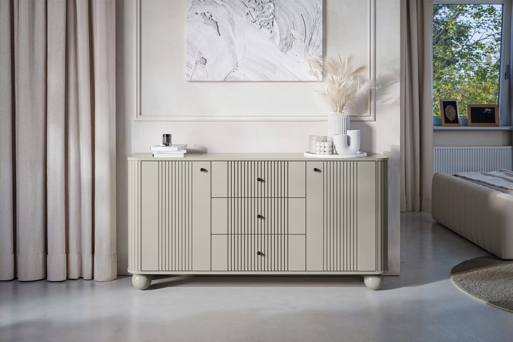 Comodă cu sertare Vesper 160 cm - cașmir / mânere negre / picioare rotunde