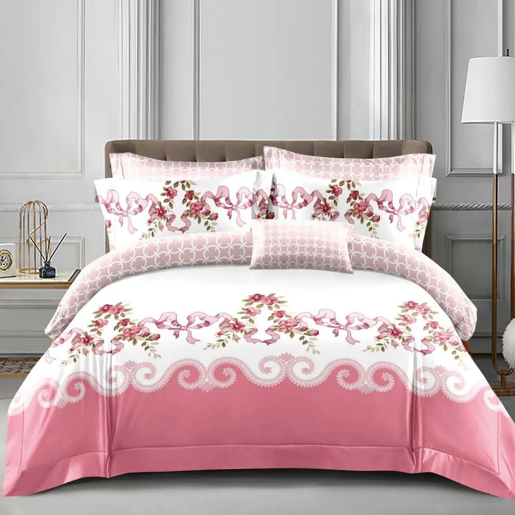 Lenjerie de pat cu 2 fete, policoton, 4 piese, pat 2 persoane, alb / roz, A50-622