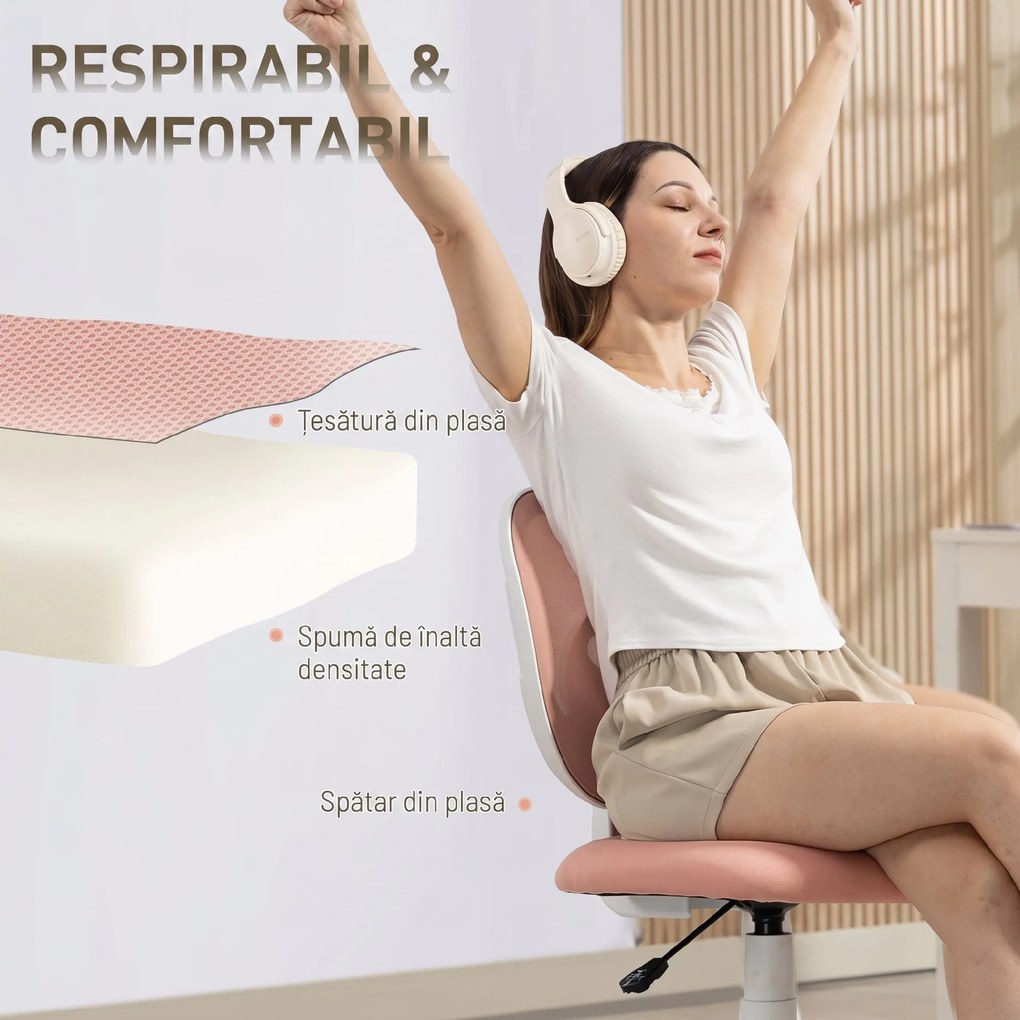 HOMCOM Scaun de Birou Ergonomic Rotativ din Material Tip Plasă Respirabil Fără Brațe, Înălțime Reglabilă, Roz | Aosom Romania