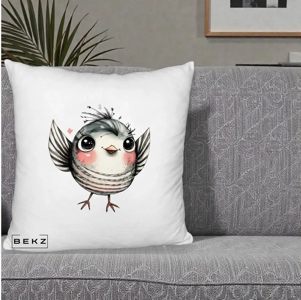 Perna Decorativa Pasare Gri cu Aripi si Inimioare, 40x40 cm, Alb Pufos, Husa Detasabila, Perna Inclusa, BEKZ®