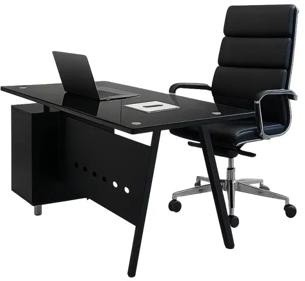 Set Birou premium  cu blat din sticla cu dulap lateral fix si scaun ergonomic, reglabil din piele ecologica -  design modern și elegant ,calitate premium