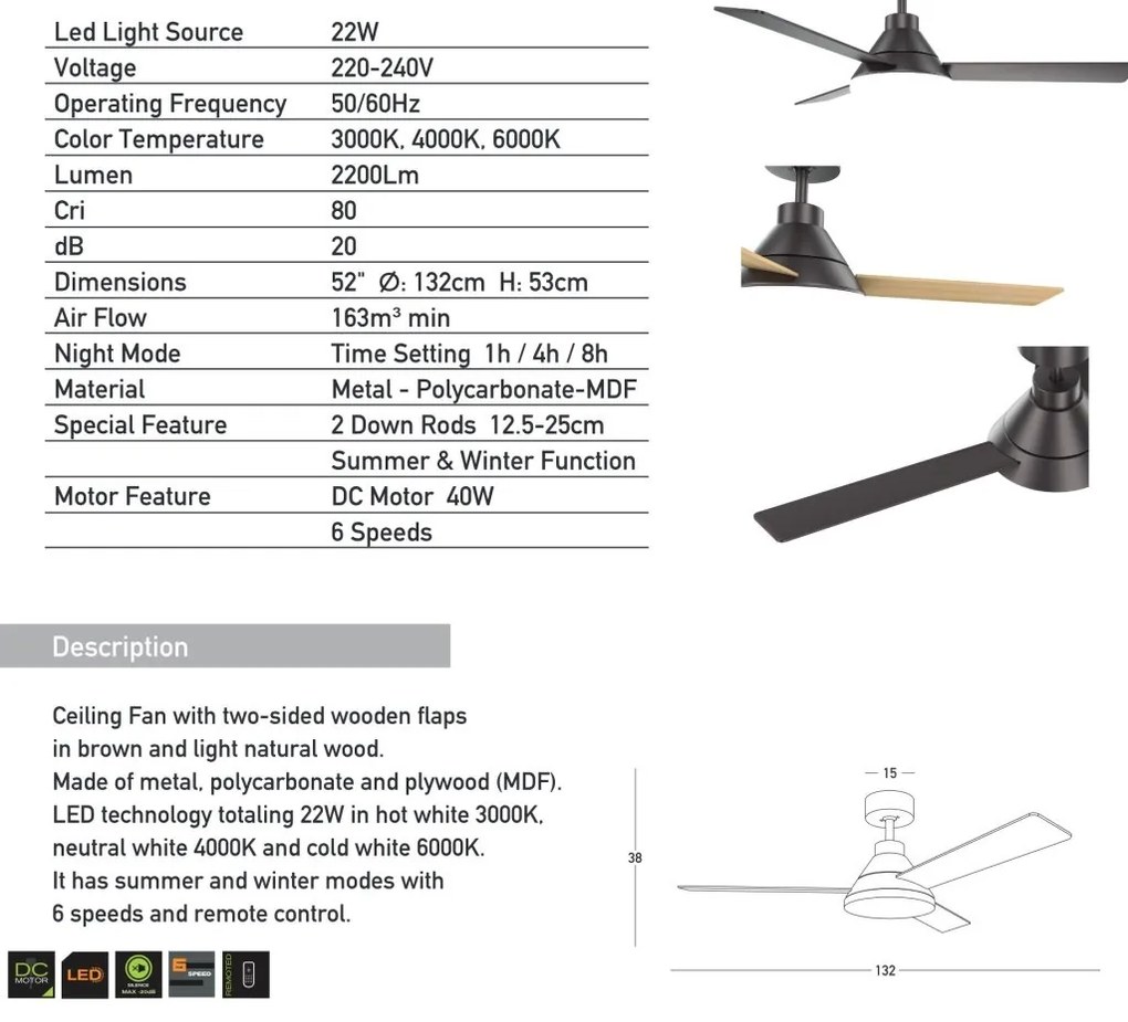 Lustra LED cu Ventilator si telecomanda Olalla maro/lemn