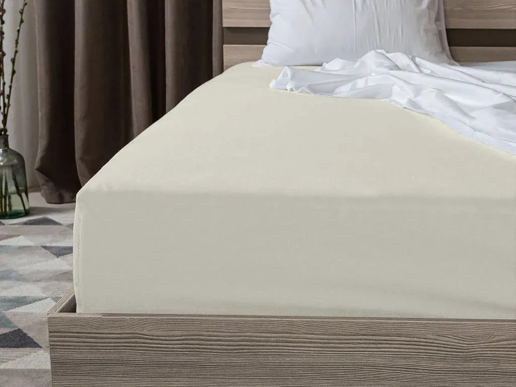 Set lenjerie de pat creponata DENYX BLEND crem deschis, buzunar hotel + cearsaf Jersey 90 x 200 cm gri-bej, pentru un pat simplu