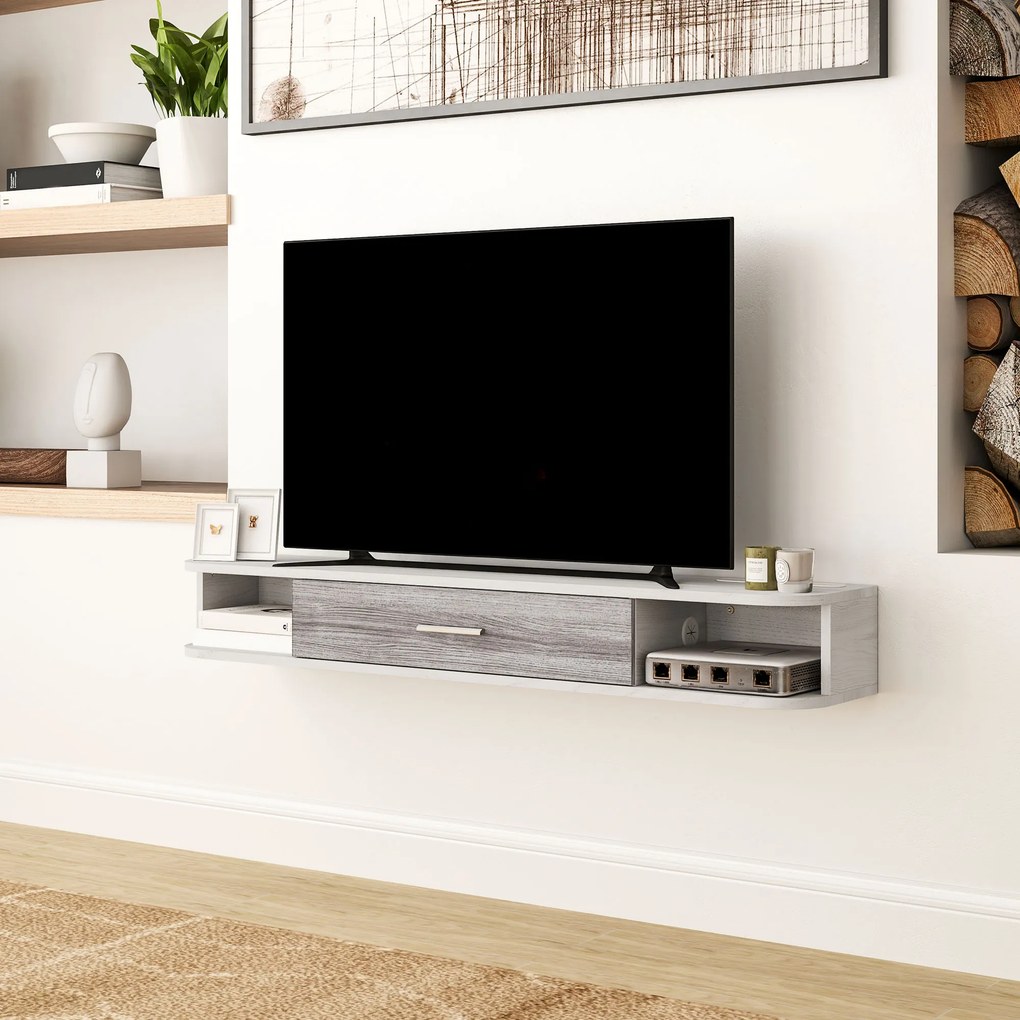 HOMCOM Mobilier TV Suspendat cu 2 Rafturi Deschise și un Dulăpior cu Ușă Rabatabilă, 120x26x16 cm, Gri | Aosom Romania