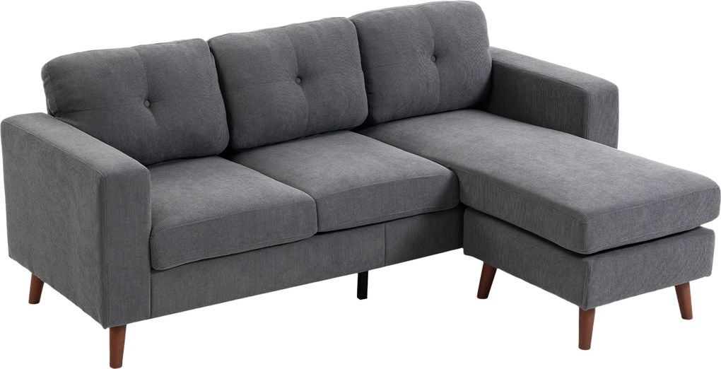 HOMCOM Colțar 192 cm în formă de L Canapea 3 locuri cu șezlong reversibil, aspect corduroy, pentru spații mici, Gri închis | Aosom Romania
