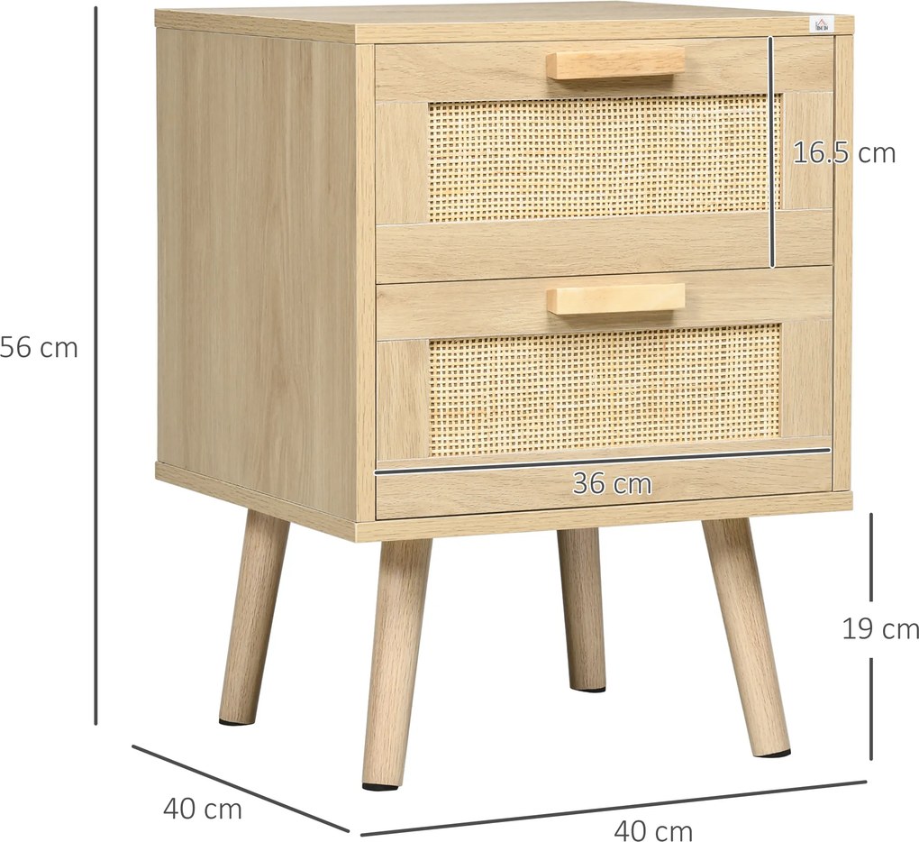 HOMCOM Noptiera pentru Dormitor cu 2 Sertare, Masuta de cafea in Stil Boho Elegante, 40x40x56cm, Culoare Lemn Natur | Aosom Romania