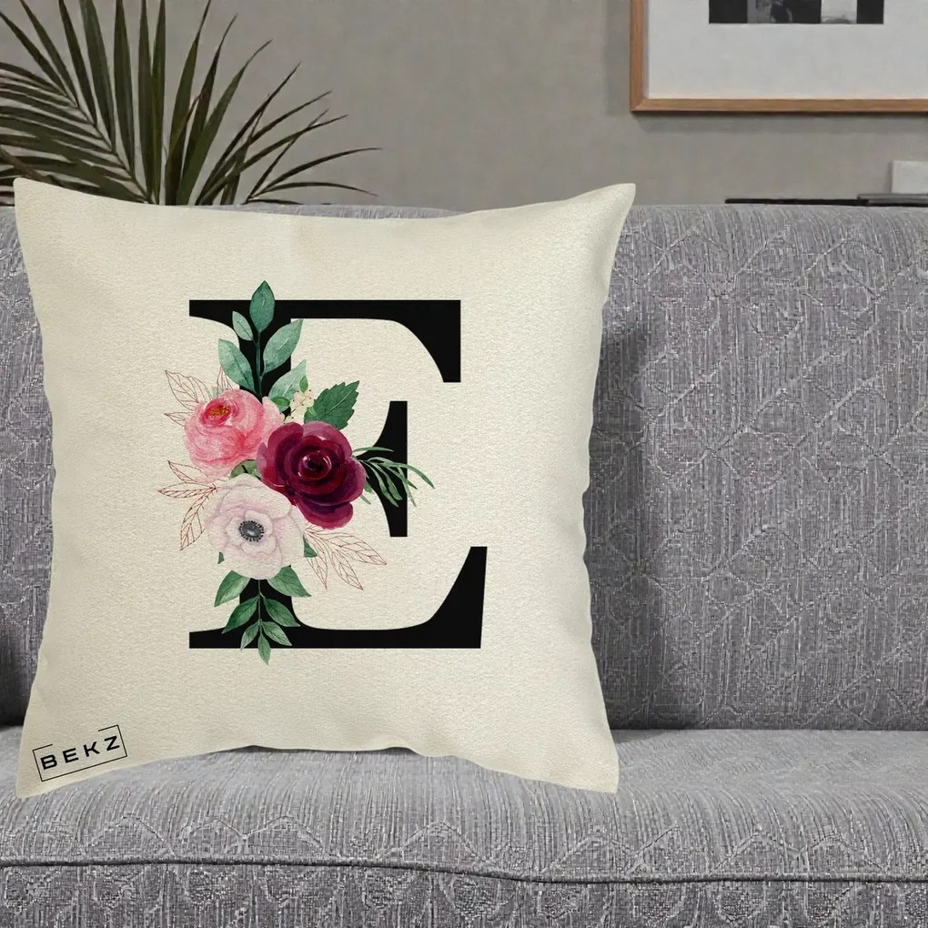 Cadou Personalizat - Perna Personalizata Monograma Florala Litera E, 40x40 cm, Ecru, Husa Detasabila, Perna Inclusa, BEKZ®