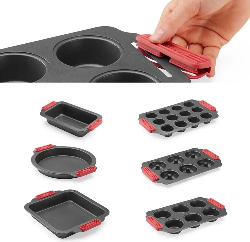 Forma pentru copt briose Lekue 1009479, 31x18x3,7 cm, Strat antiaderent ceramic, Otel carbon, +4°C / +240°C, Negru/rosu