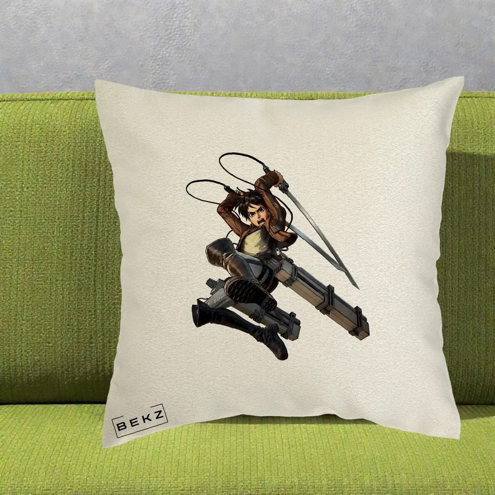 Perna Personalizata Attack on Titan Eren Yeager Lupta, 40x40 cm, Ecru, Husa Detasabila, Perna Inclusa, BEKZ®