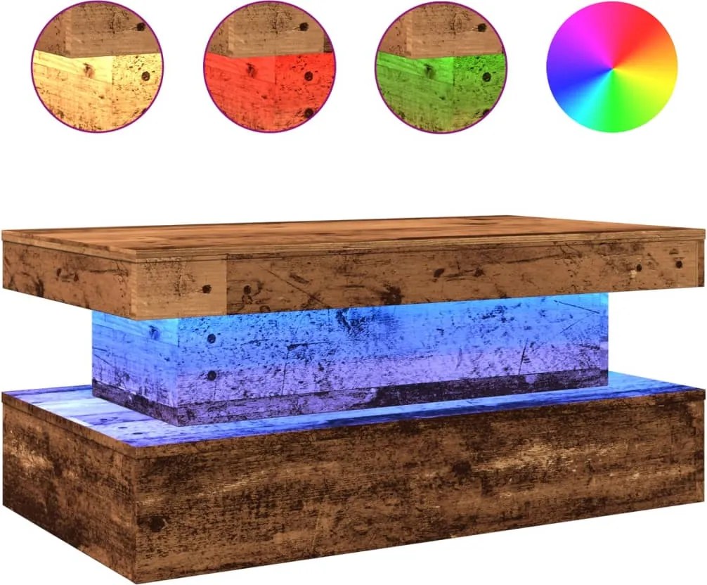 vidaXL Măsuță de cafea cu lumini LED, lemn vechi, 90x50x40 cm