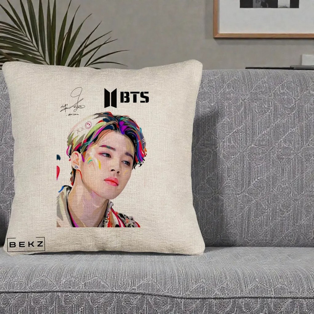 Perna Personalizata K-pop BTS Jimin Portret Artistic Multicolor cu Autograf, 40x40 cm, Bej Canapea, Husa Detasabila, Perna Inclusa, BEKZ®